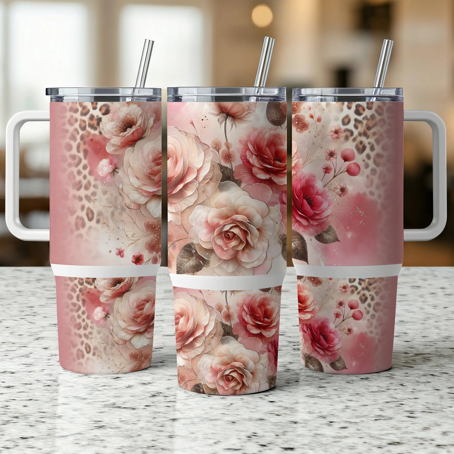 Three tumblers with floral and leopard print designs.