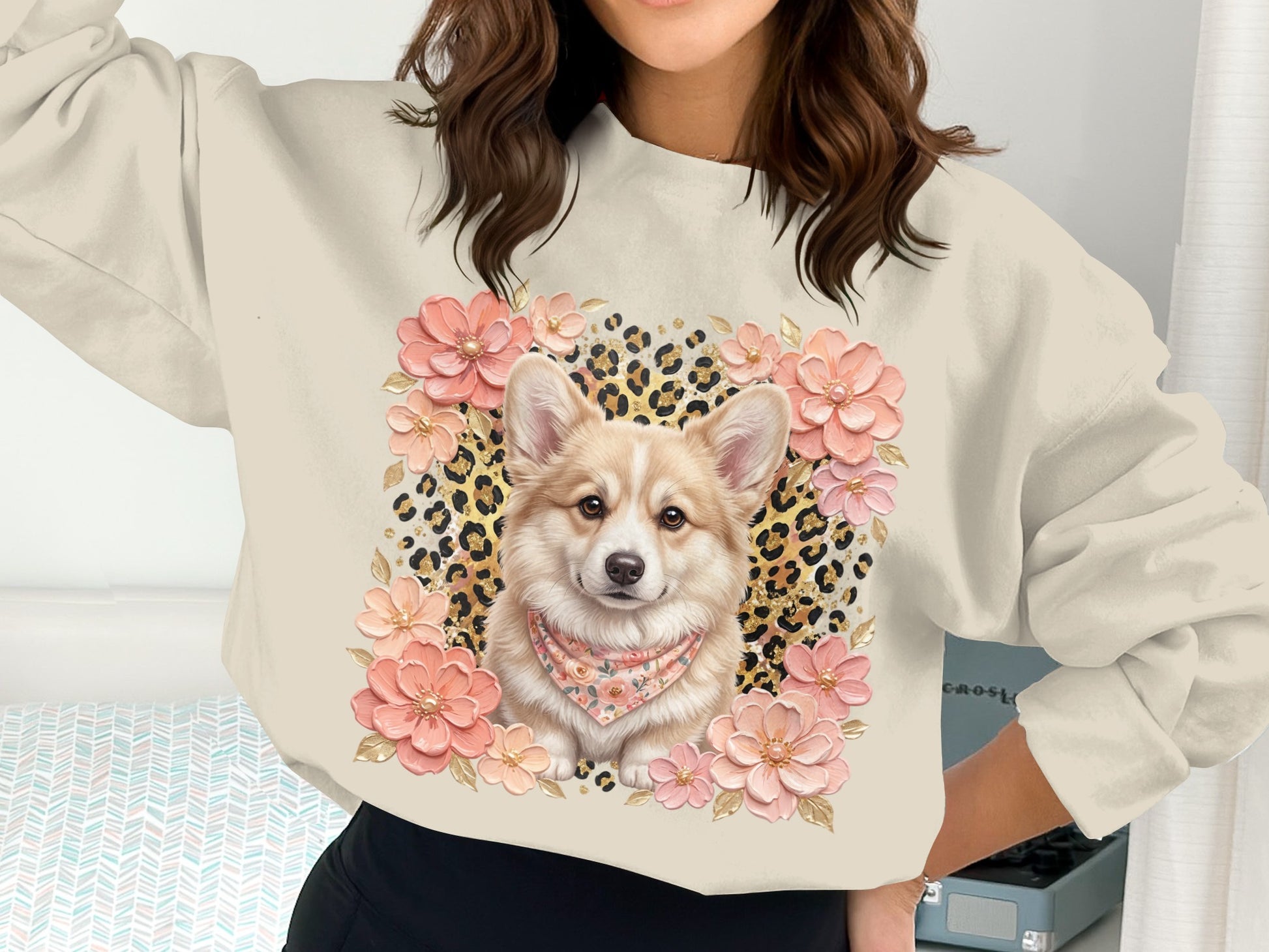 Corgi wearing a bandana surrounded by flowers and leopard print.