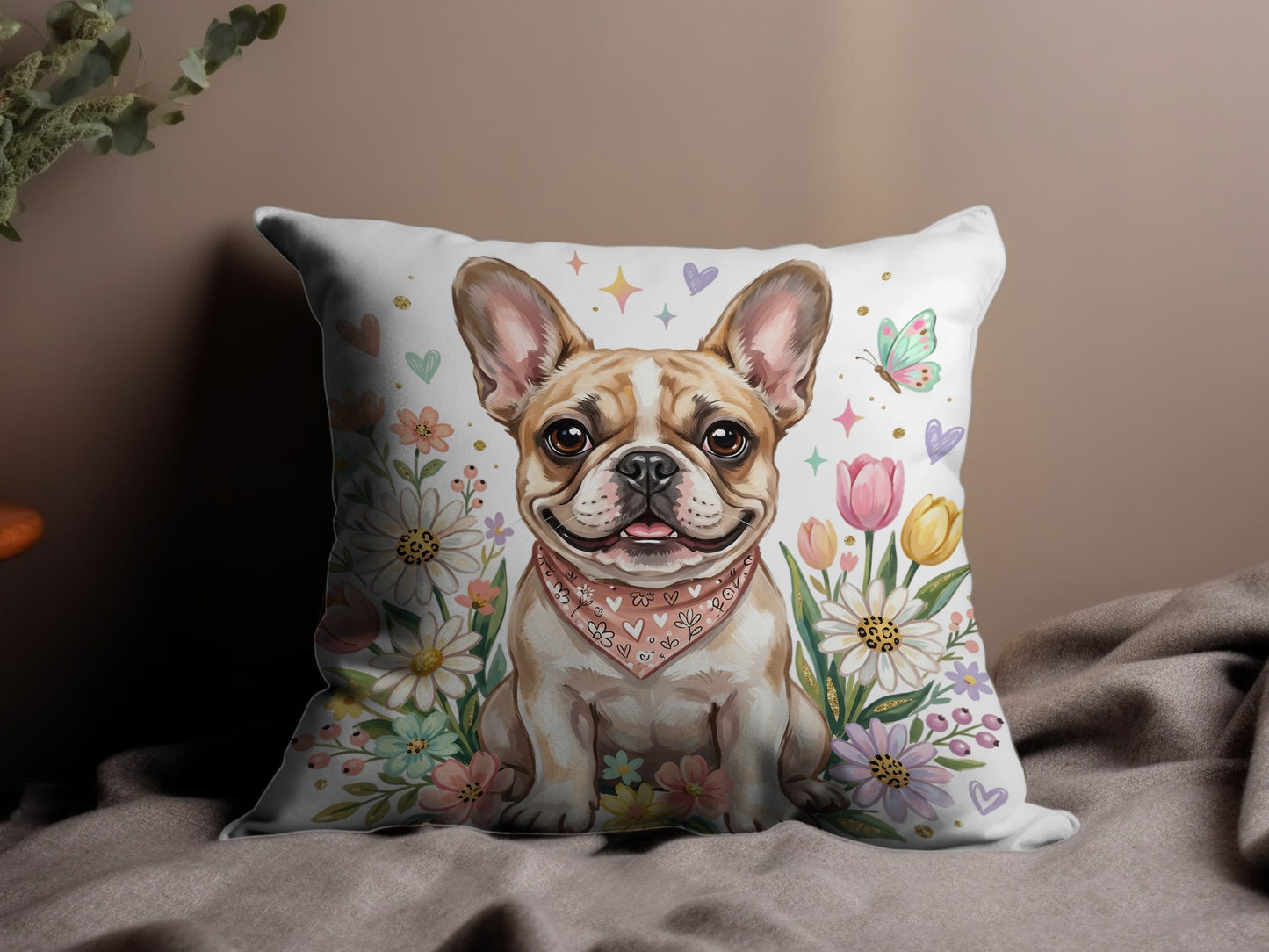 French bulldog wearing bandana surrounded by flowers and hearts.