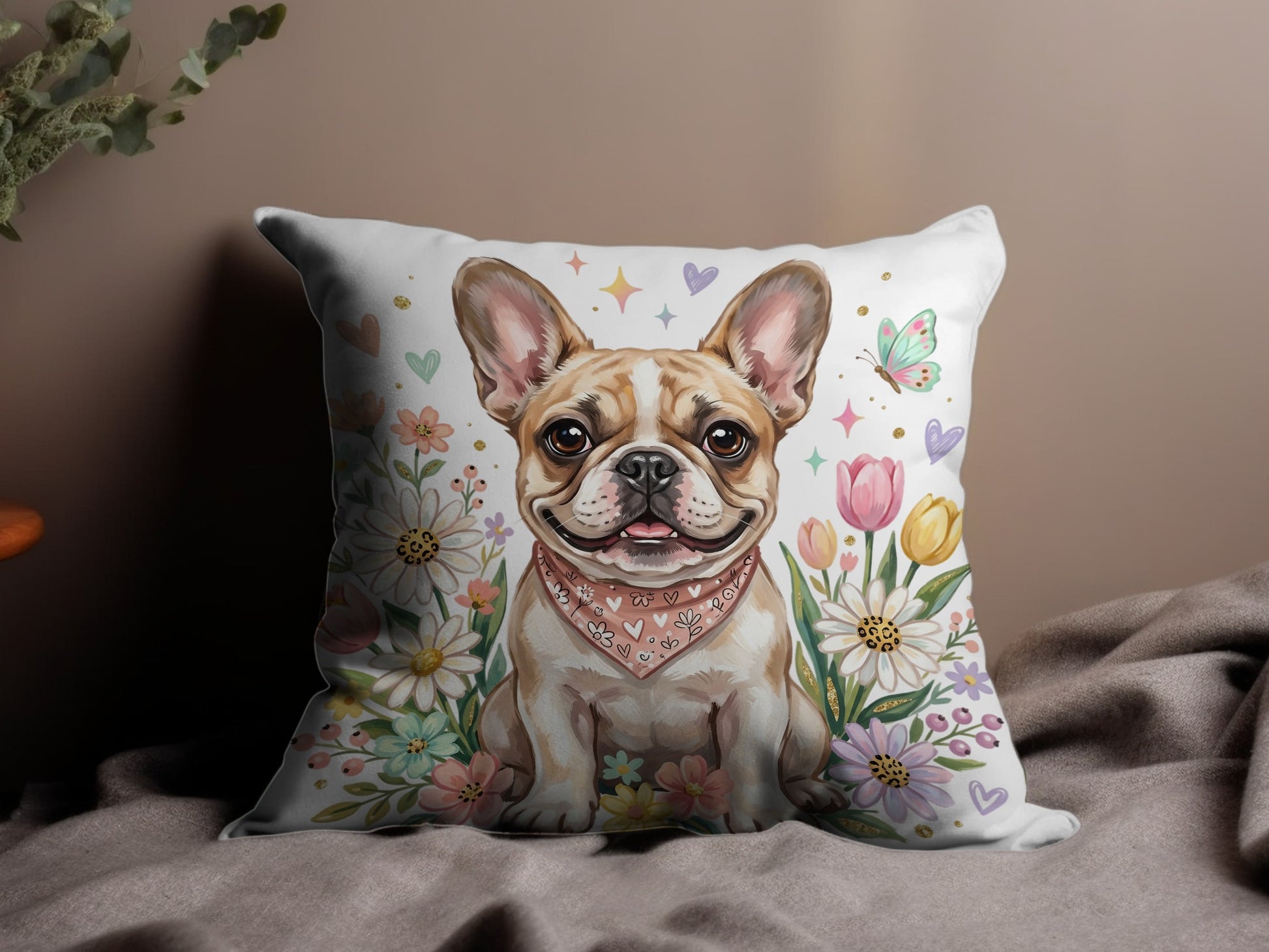 French bulldog wearing bandana surrounded by flowers and hearts.