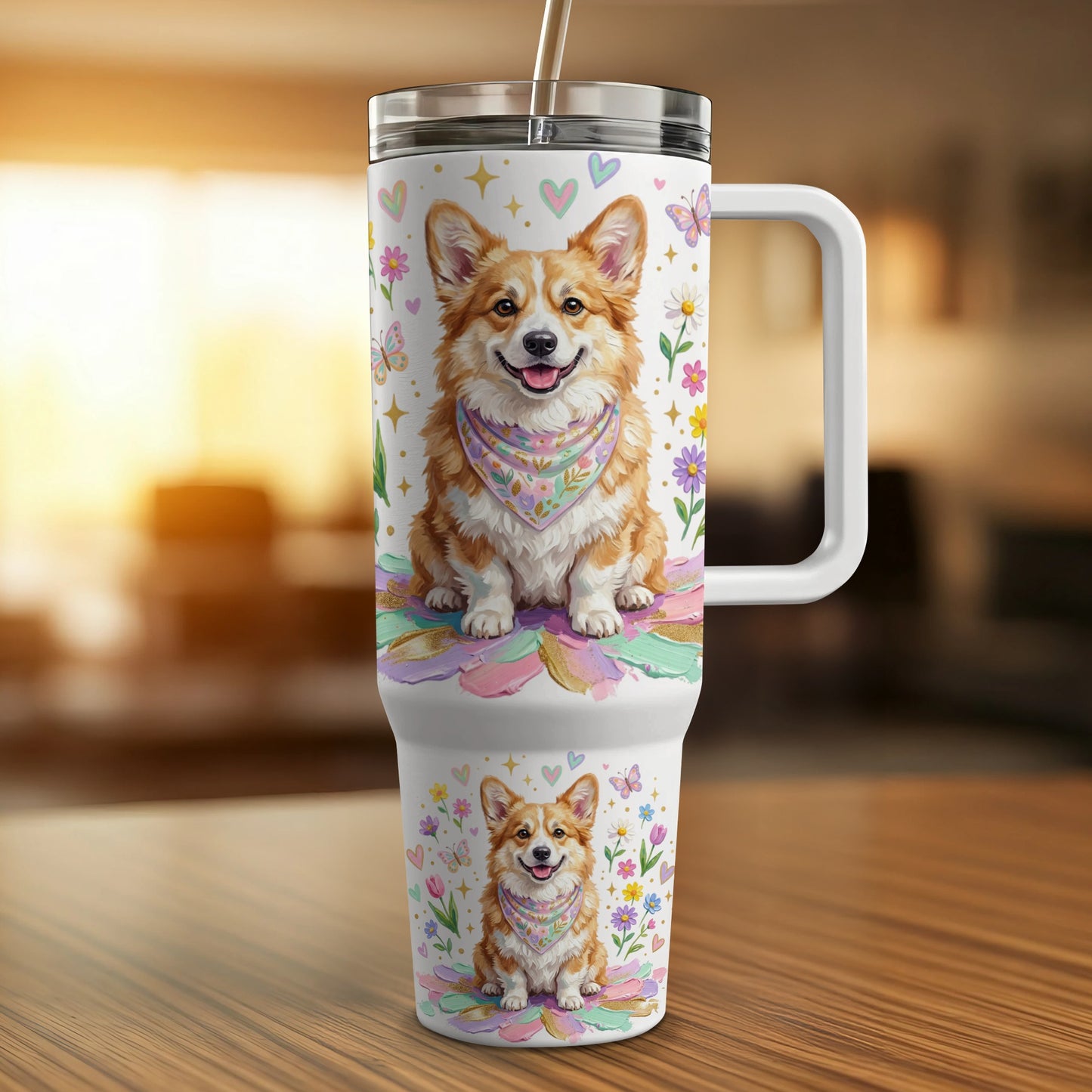 Corgi wearing bandana on tumbler with hearts and butterflies.