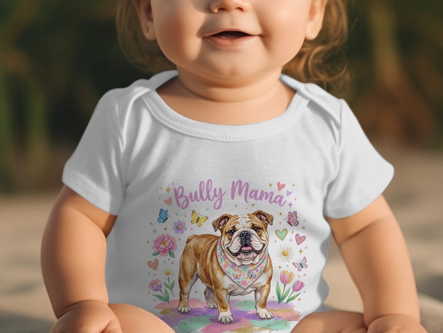 Bully Mama baby onesie with a bulldog illustration.