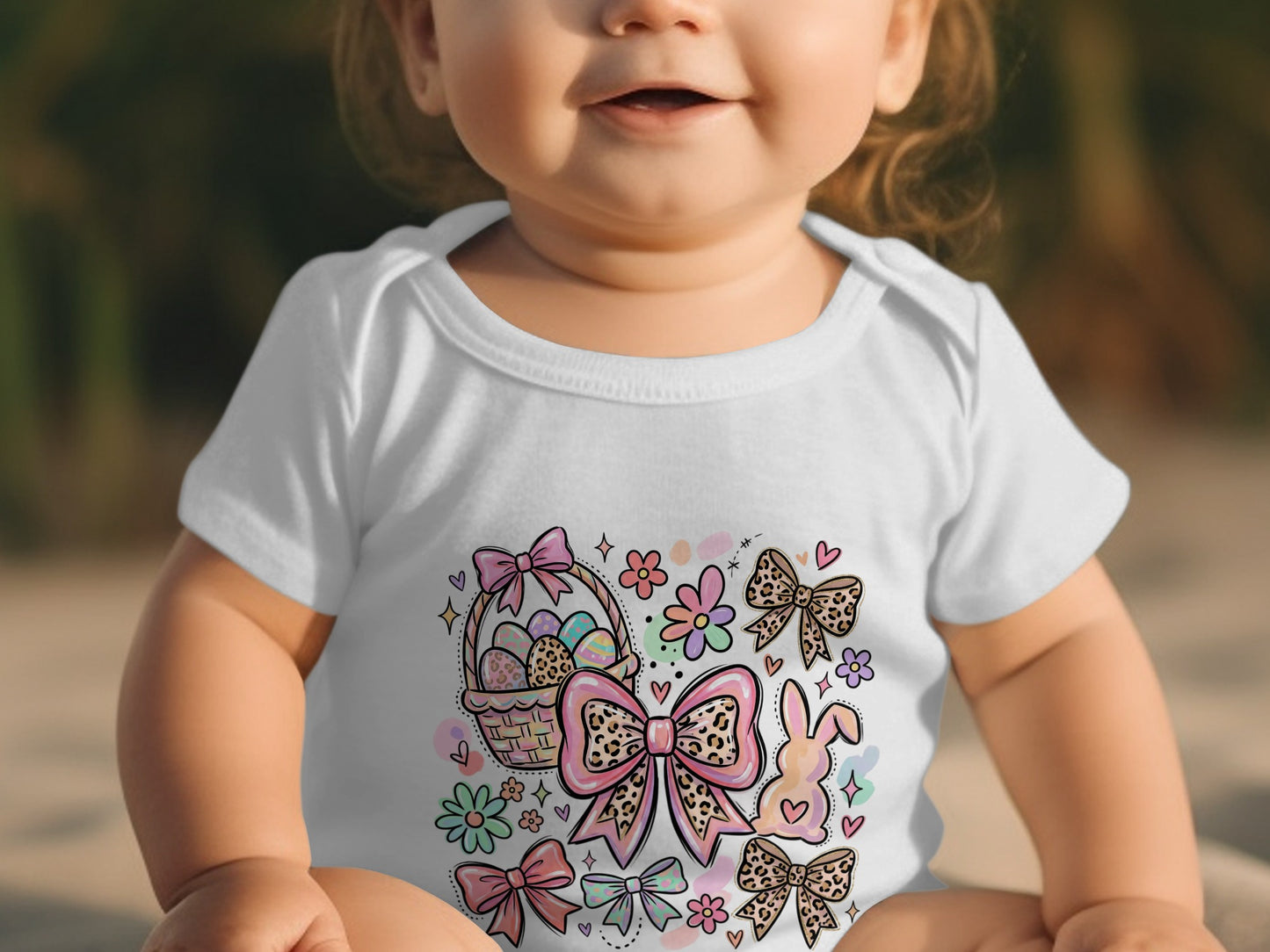 Baby in white onesie with Easter bunny, basket, and bows graphic.