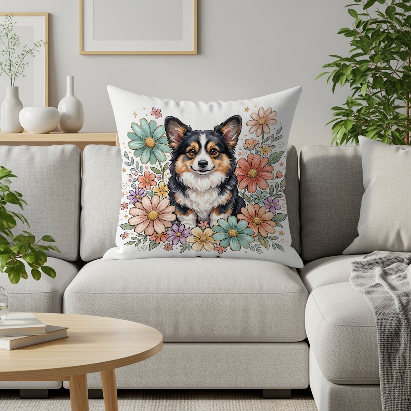 Corgi dog sitting on a pillow with a floral pattern.