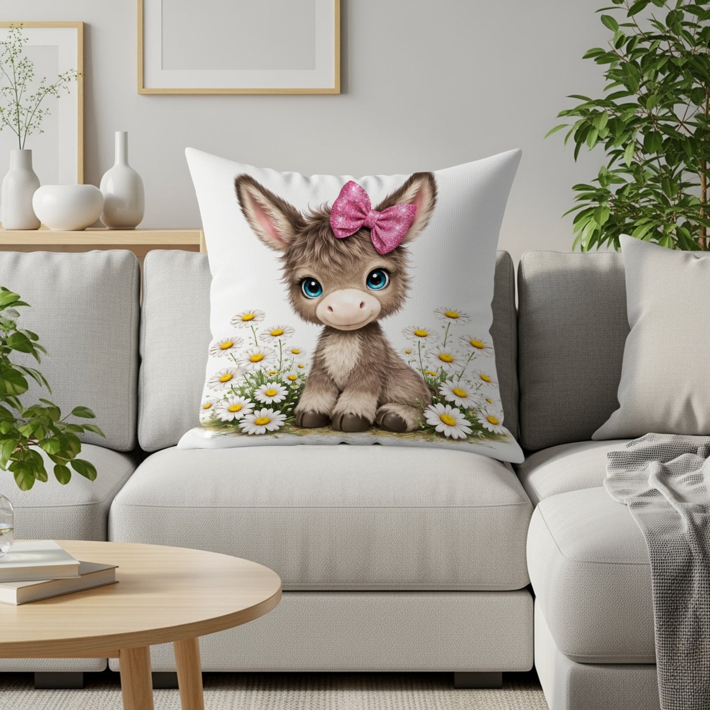 Cartoon donkey with pink bow on cushion with daisies.