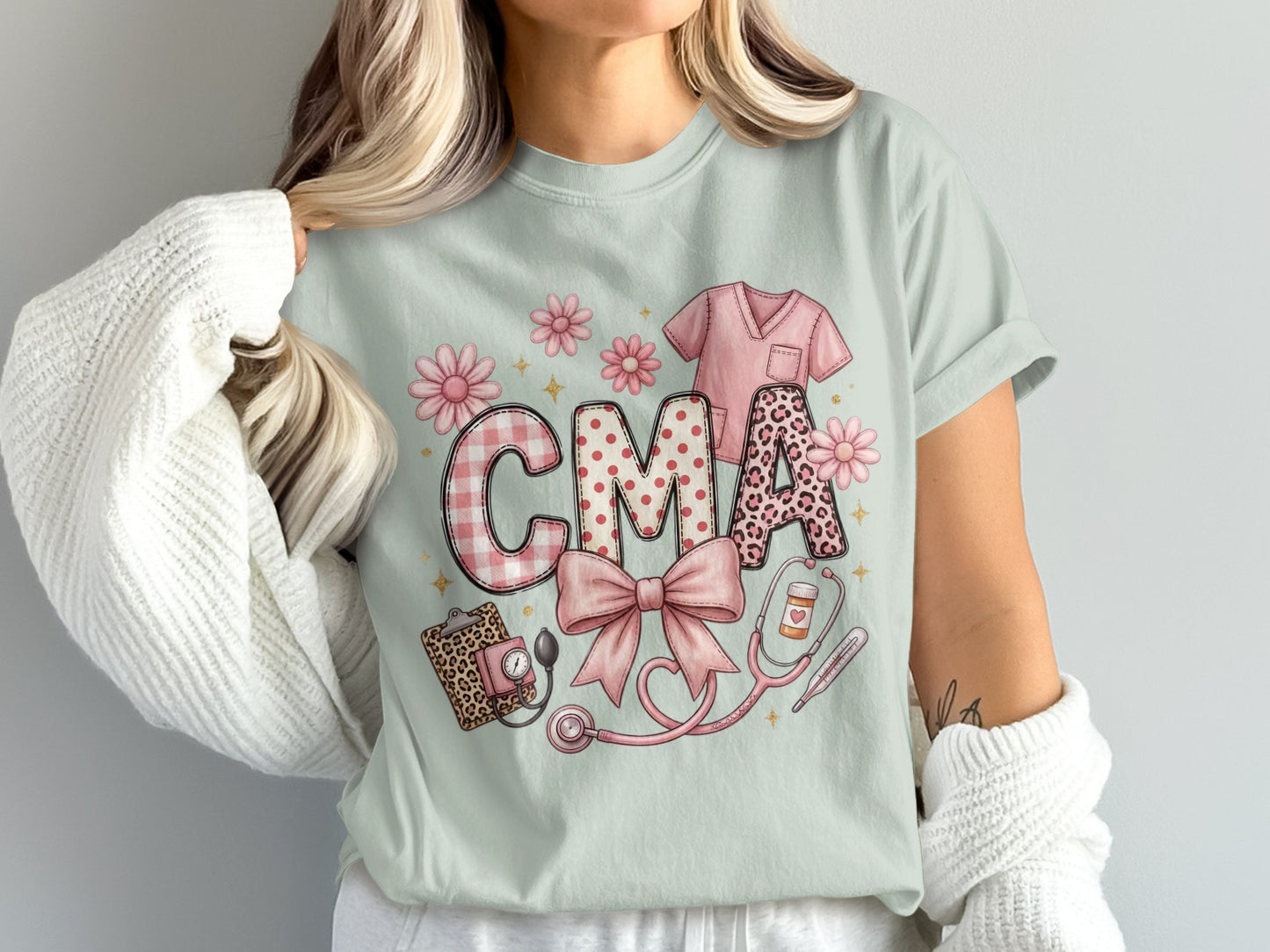 Pink and plaid CMA lettering with stethoscope, scrubs, and medical icons.