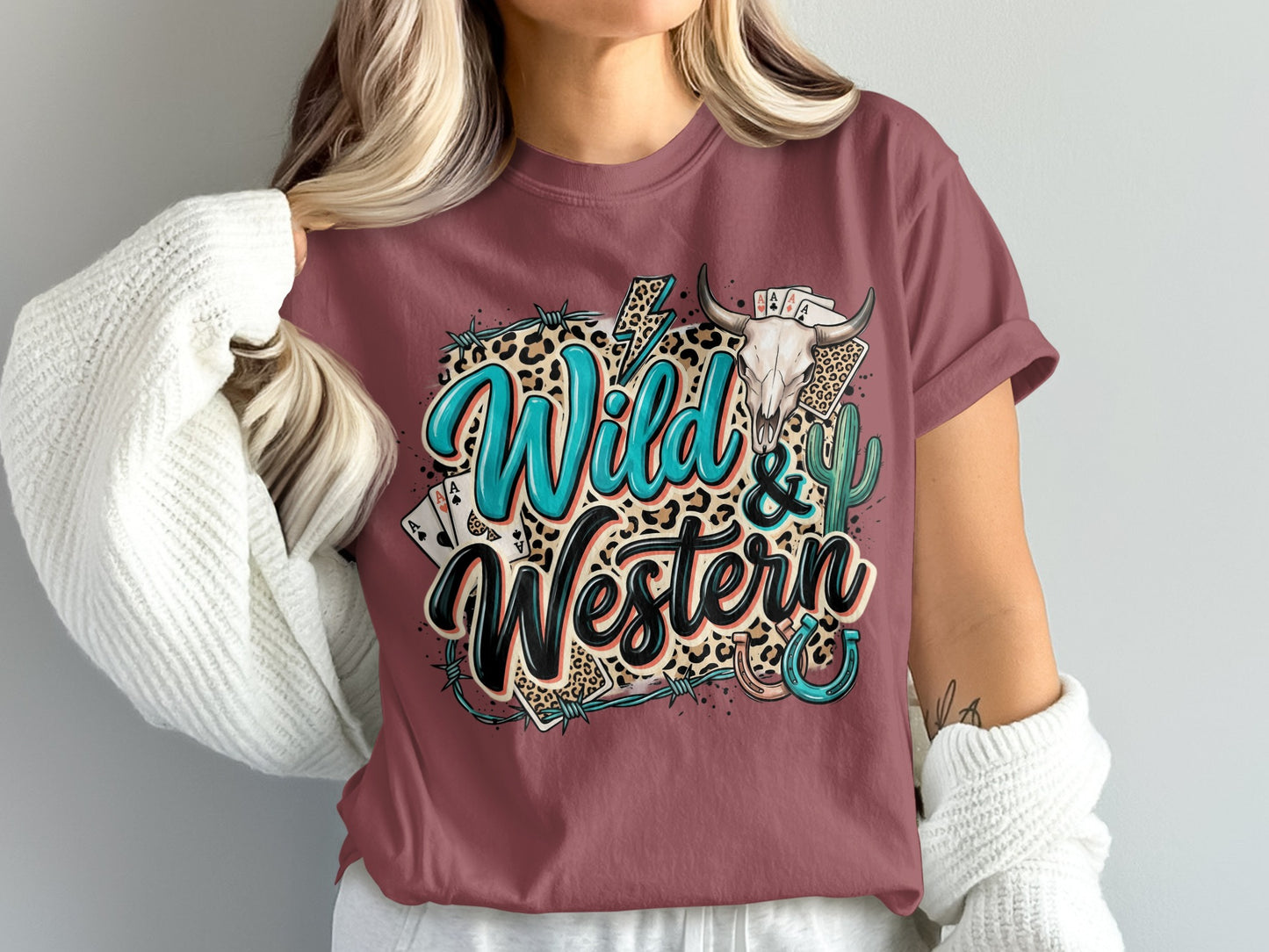 T-shirt with "Wild & Western" text, a bull skull, and playing cards.