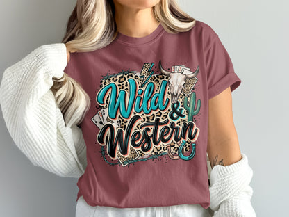 T-shirt with "Wild & Western" text, a bull skull, and playing cards.