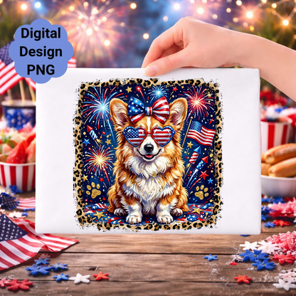 Corgi wearing heart-shaped sunglasses with American flags and fireworks.