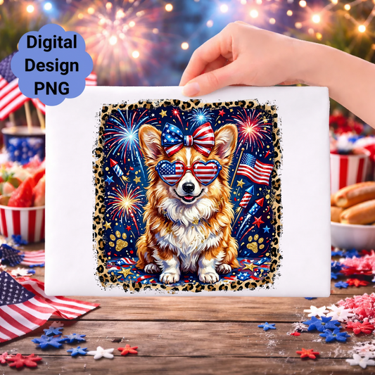 Corgi wearing heart-shaped sunglasses with American flags and fireworks.
