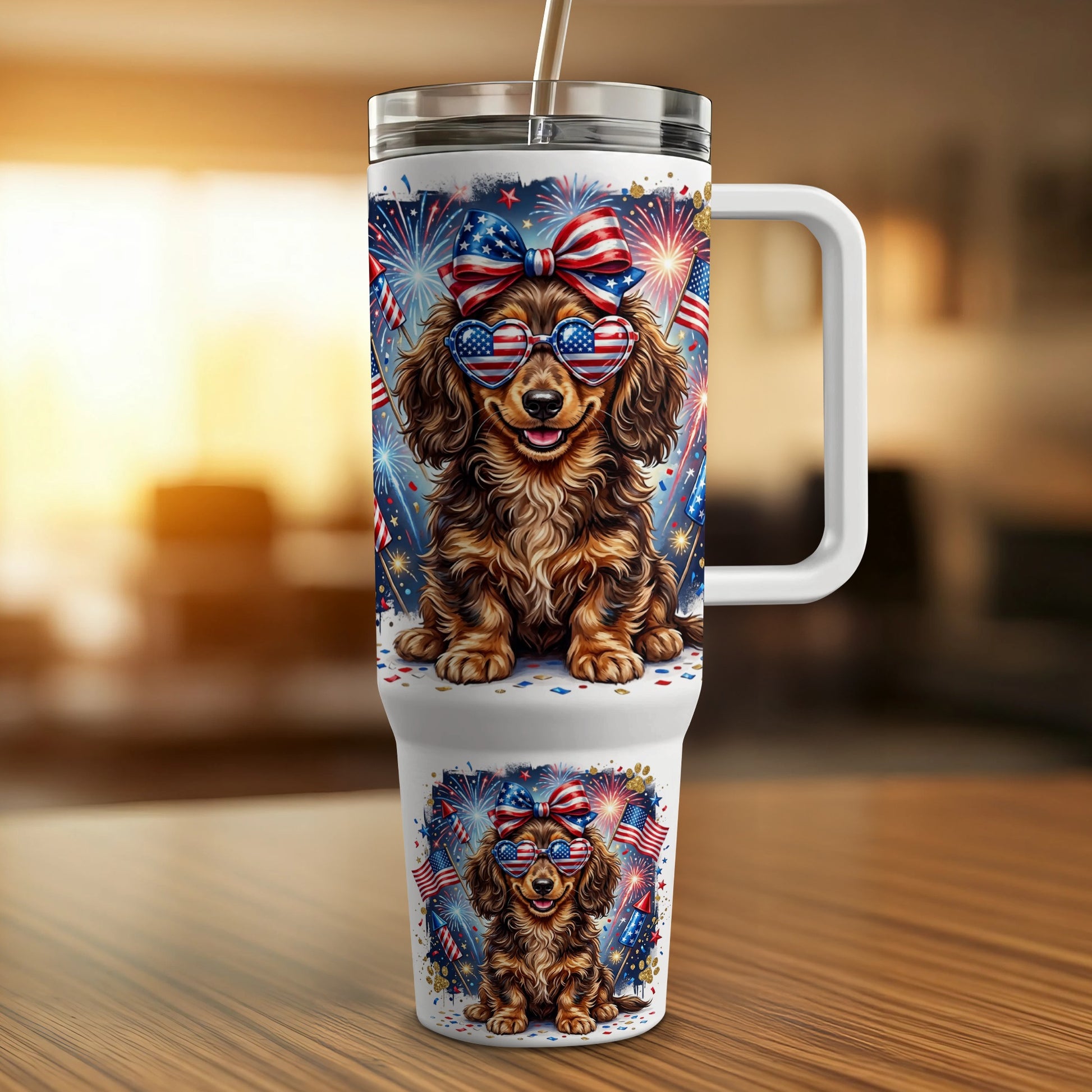 Dachshund with sunglasses and American flag bow, on patriotic tumbler.