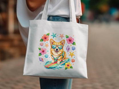 White tote bag with a Corgi wearing sunglasses surfing on a surfboard.