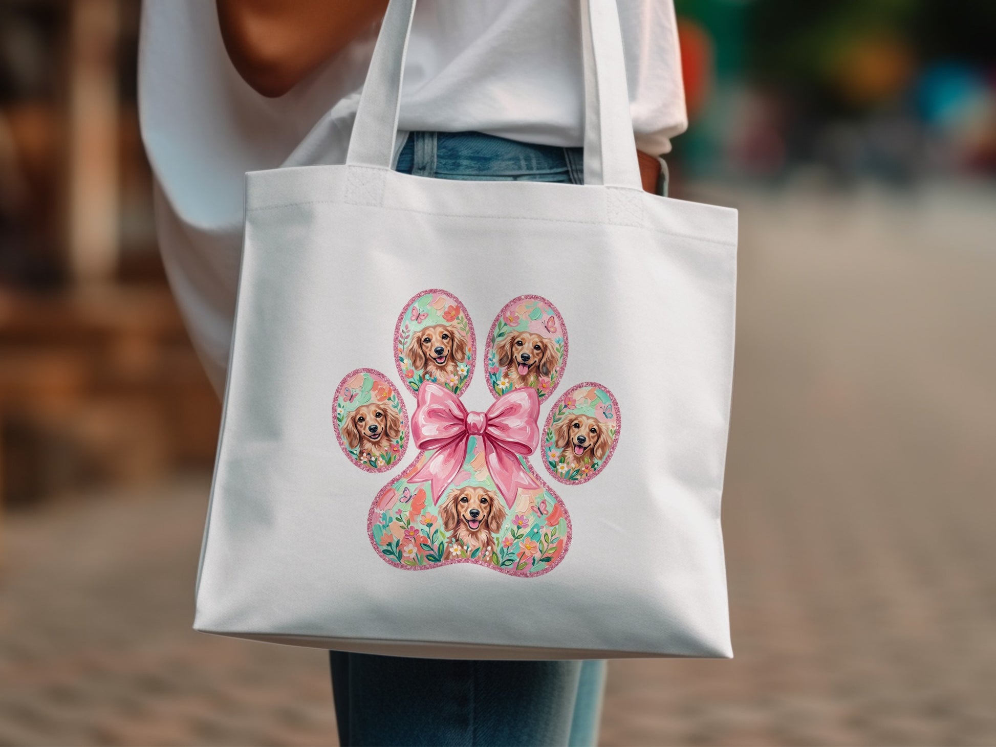 White tote bag with a floral paw print featuring golden retriever puppies and a pink bow.