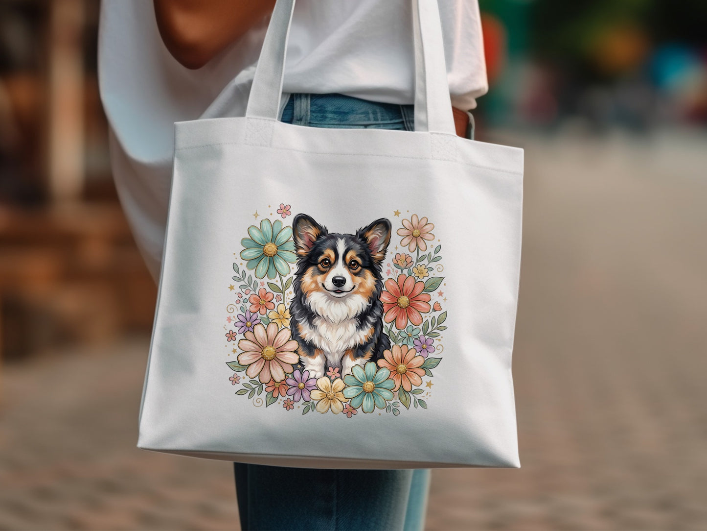 White canvas tote bag with a Pembroke Welsh Corgi surrounded by colorful flowers.