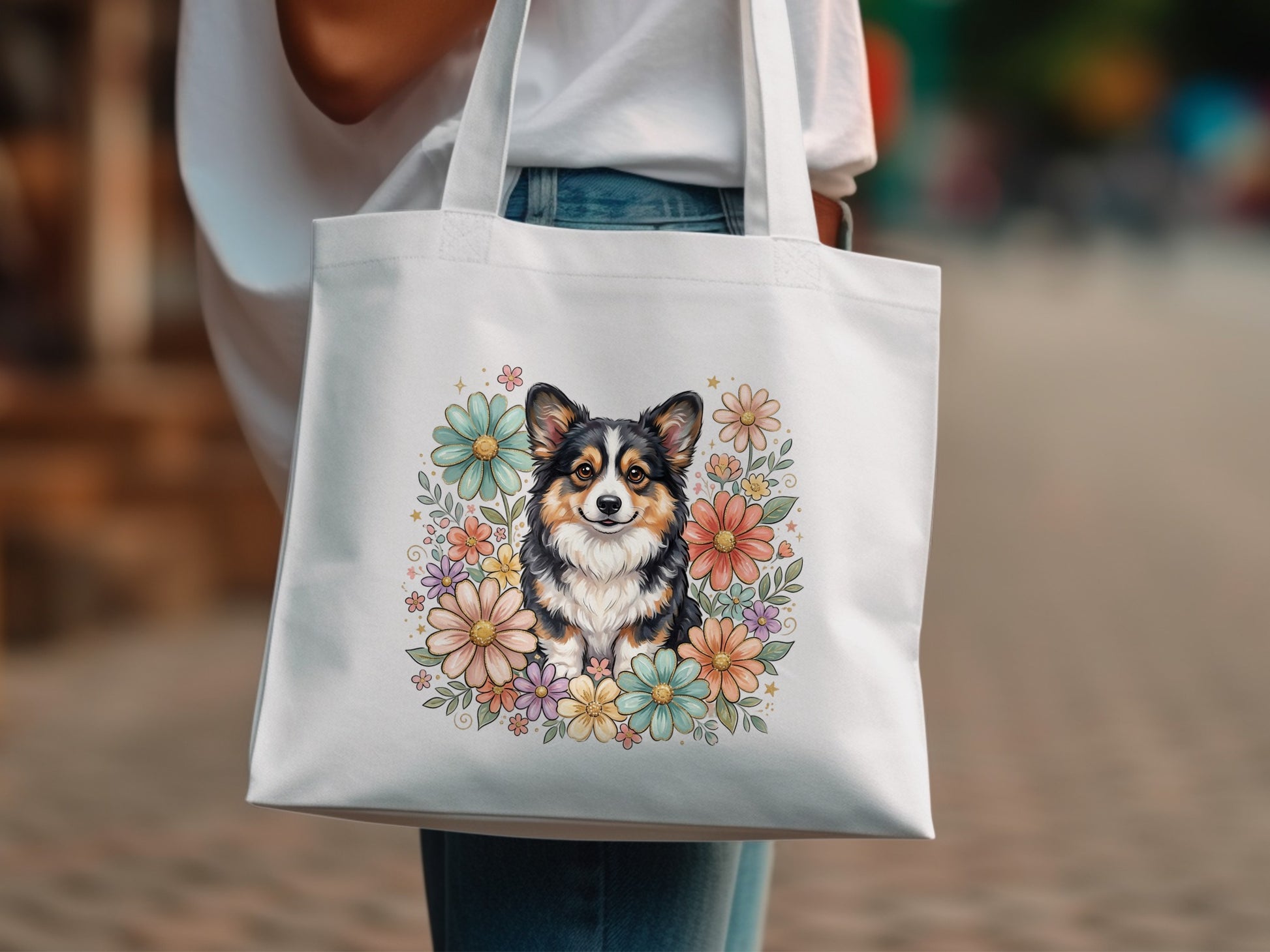 White canvas tote bag with a Pembroke Welsh Corgi surrounded by colorful flowers.
