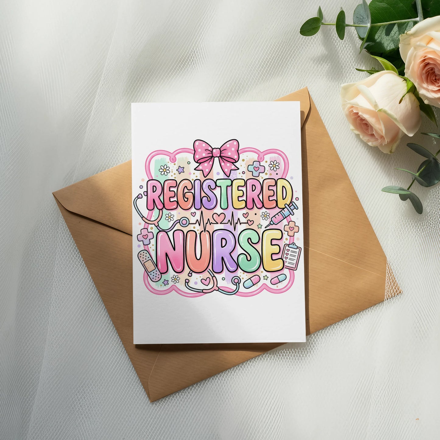 Registered Nurse card with medical icons and a pink bow.