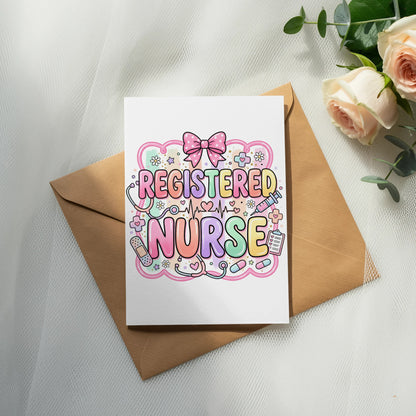 Registered Nurse card with medical icons and a pink bow.