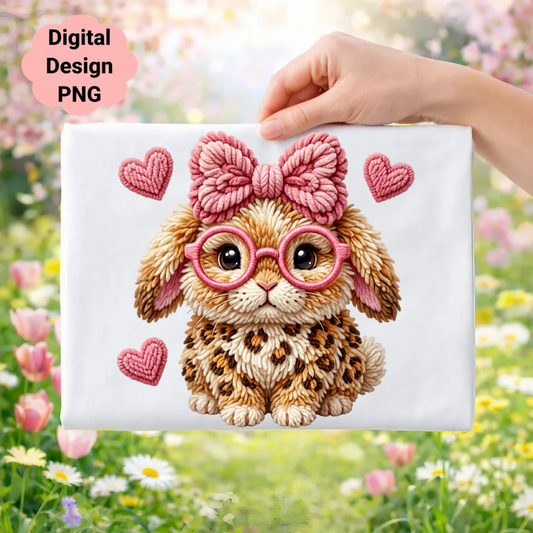 Bunny with pink glasses and hearts, digital design PNG.