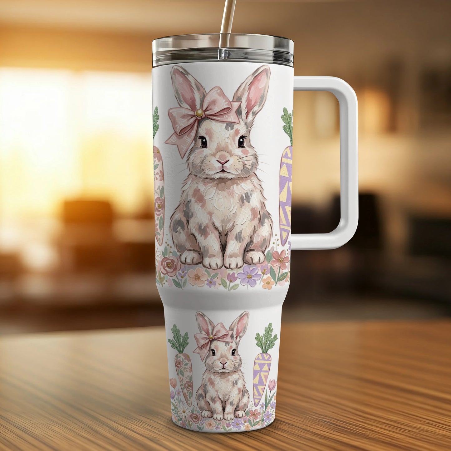 White tumbler with bunny and carrot design, featuring a handle and straw.