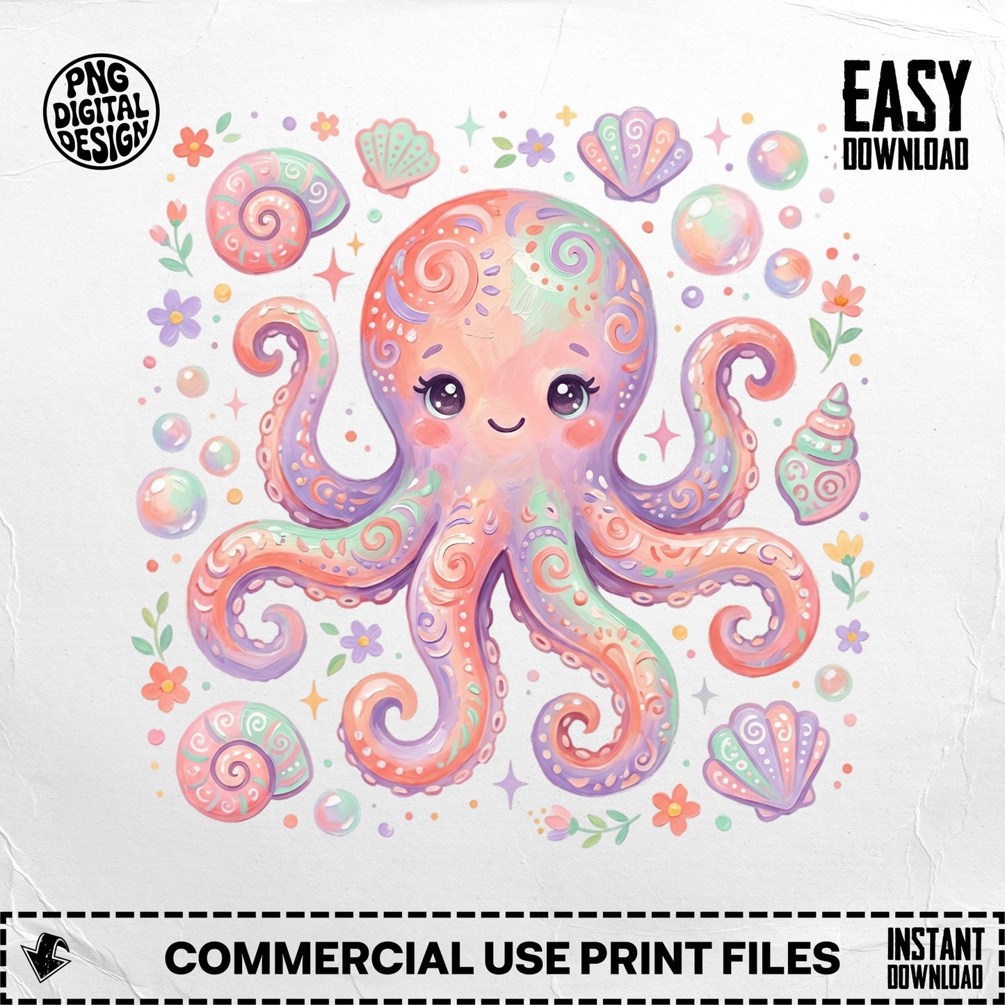 Watercolor octopus surrounded by seashells, bubbles, and flowers.