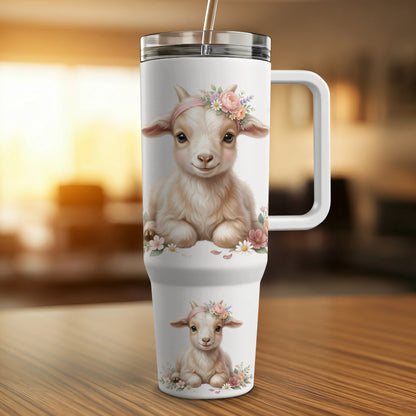 White tumbler with a baby goat wearing a flower crown.