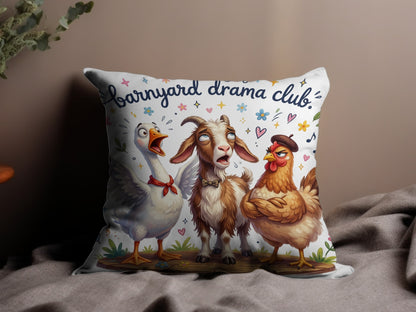Barnyard Drama Club pillow with a goose, goat, and chicken.