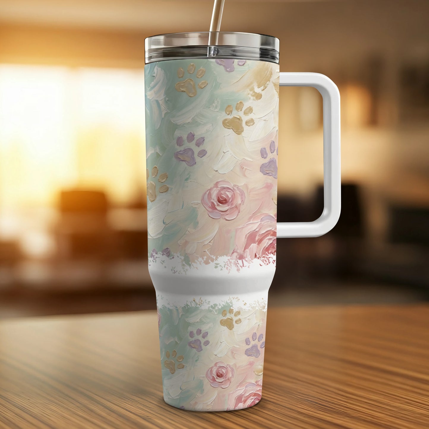 Tumbler with pastel floral and paw print design.