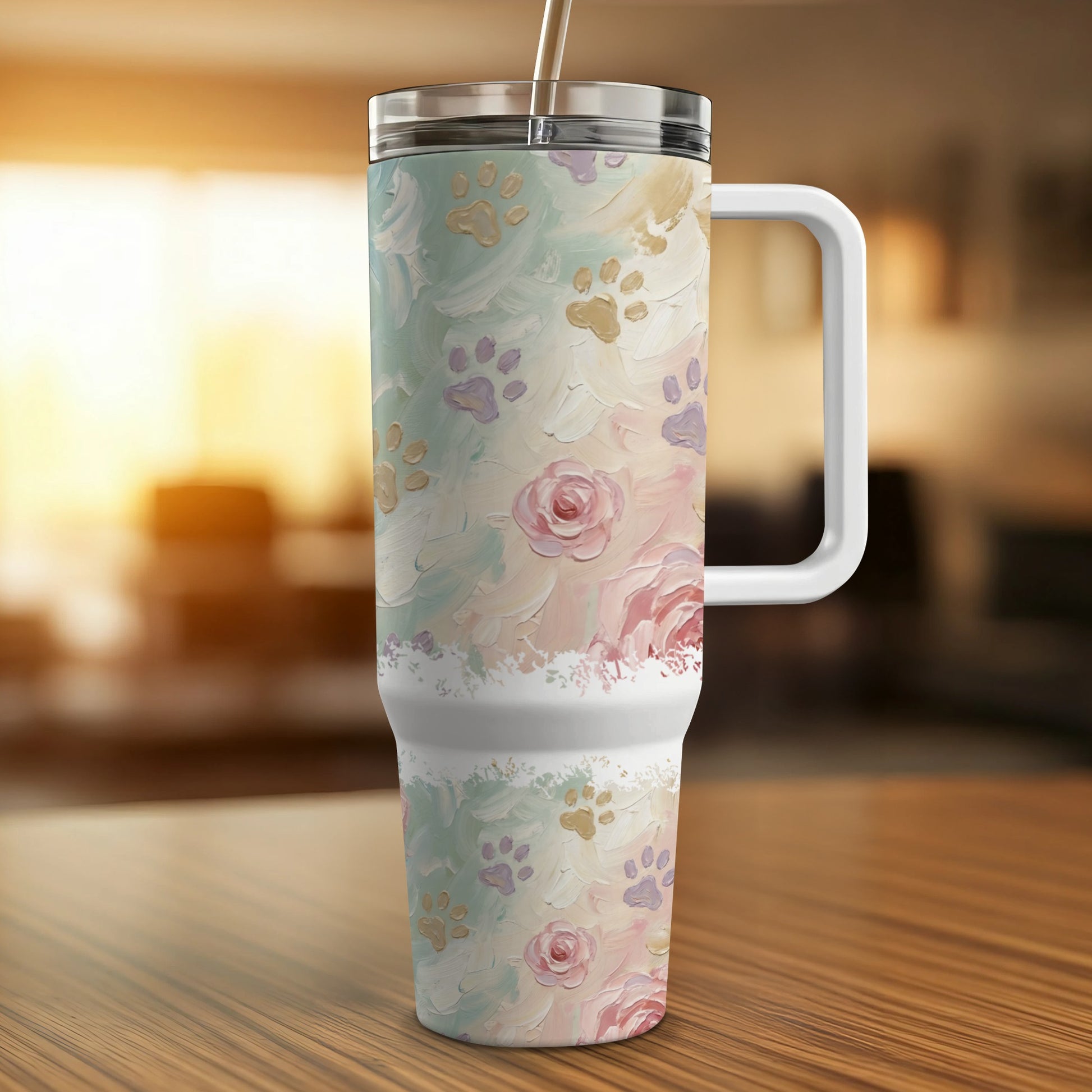 Tumbler with pastel floral and paw print design.