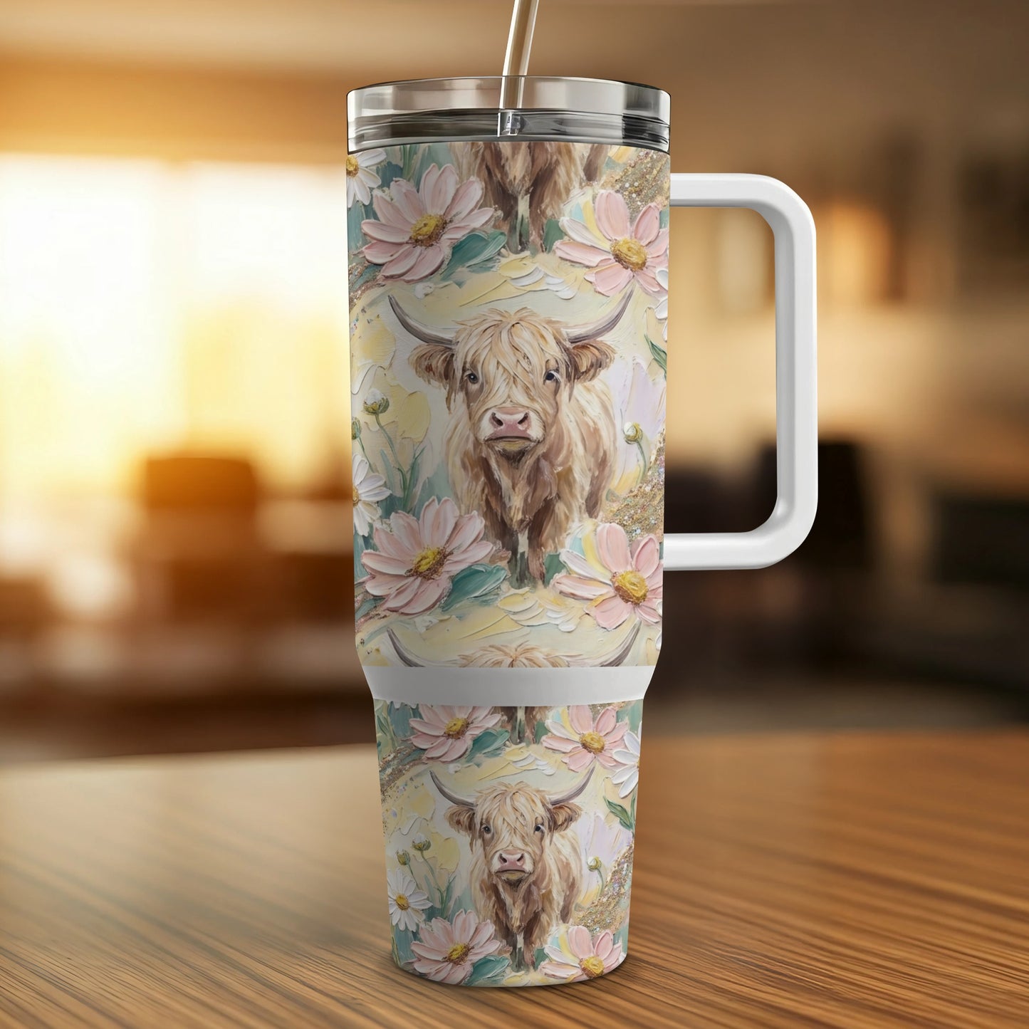Tumbler with Highland cow and floral pattern.