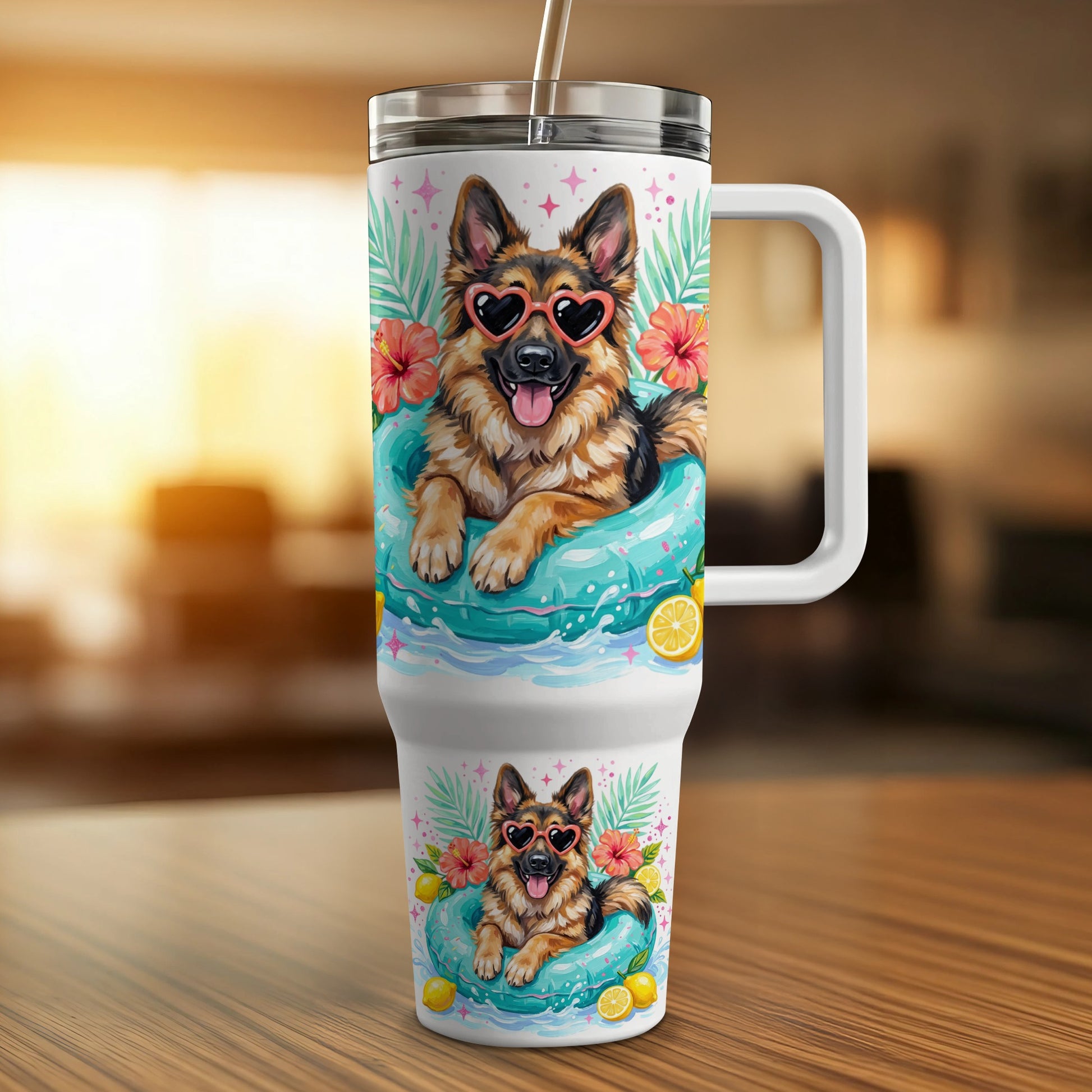 German Shepherd in a pool float wearing heart sunglasses, on a tumbler.