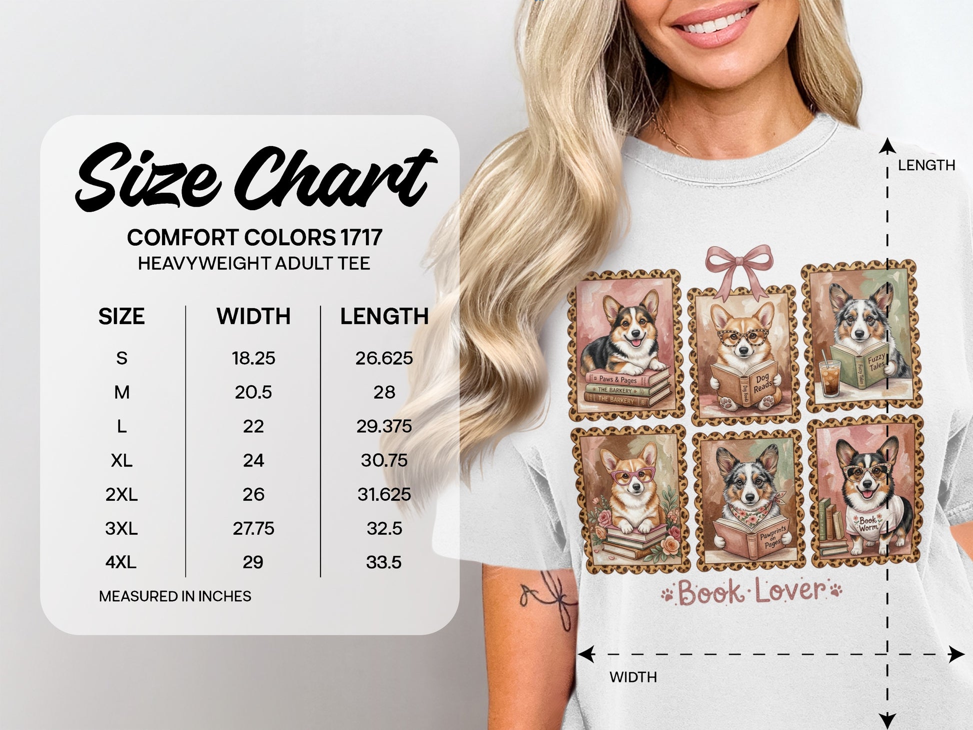 Size chart for Comfort Colors 1717 heavyweight adult tee with corgis reading books.