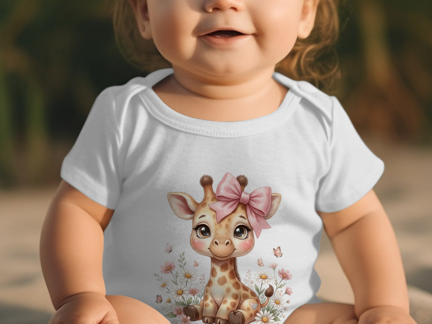 Baby wearing white bodysuit with a cartoon giraffe and pink bow design.