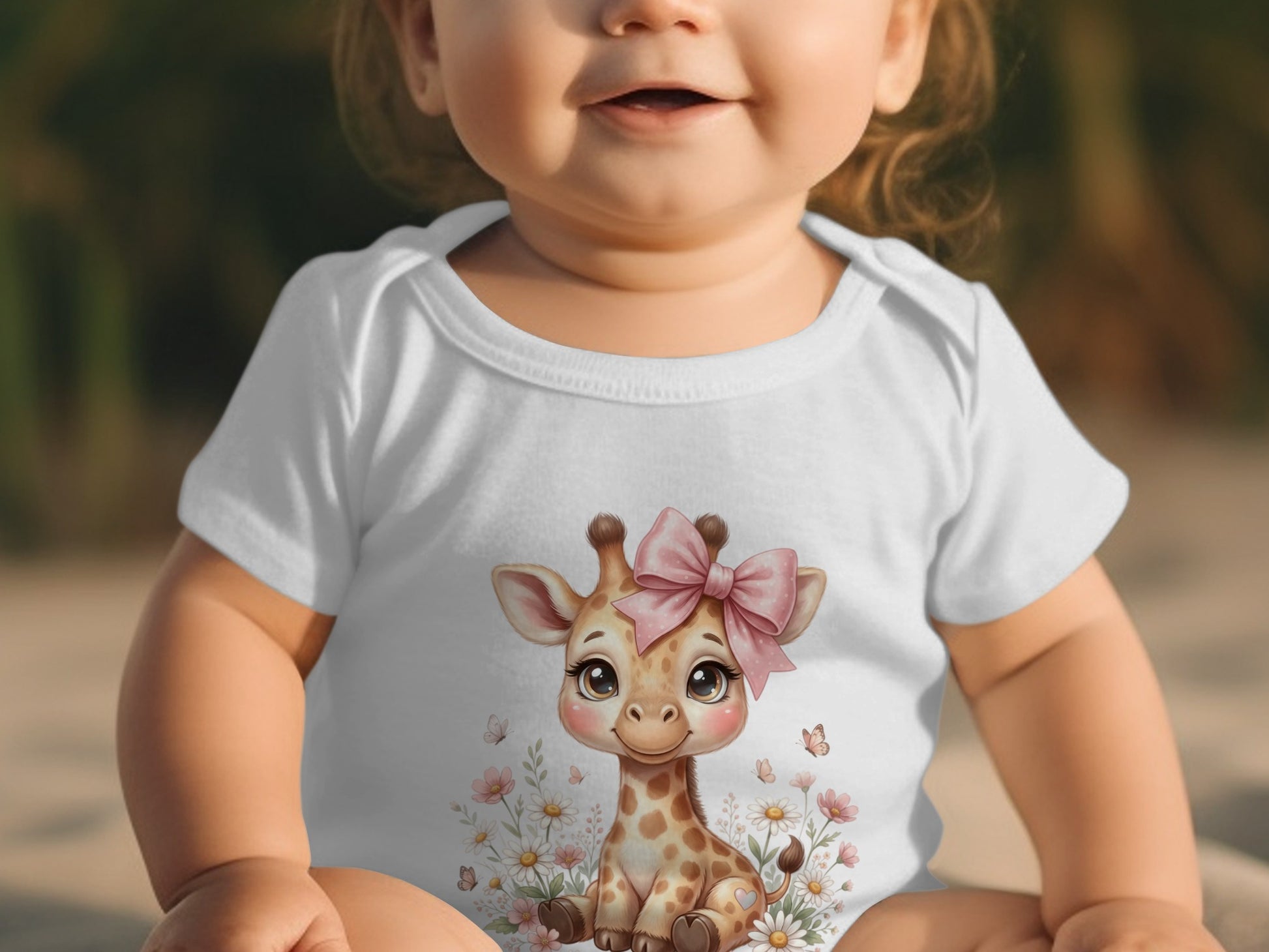 Baby wearing white bodysuit with a cartoon giraffe and pink bow design.