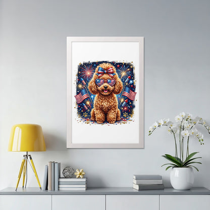 Golden doodle wearing sunglasses and a bow tie sits by fireworks and American flags.