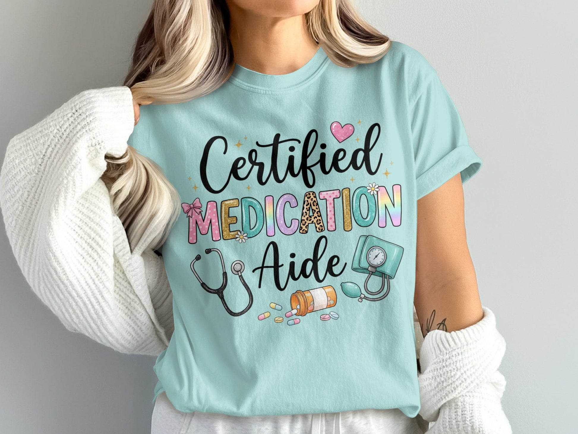 Certified Medication Aide text with stethoscope, pill bottle, and blood pressure cuff.