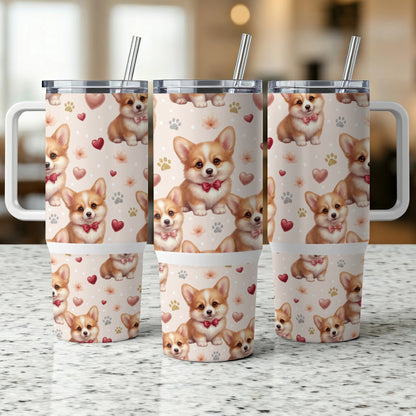 Three tumblers with corgi puppies, hearts, and paw prints pattern.