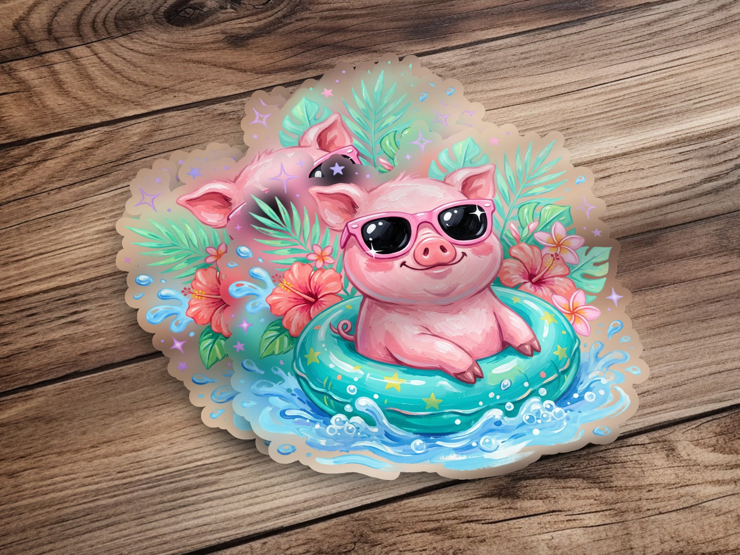 Two cartoon pigs wearing sunglasses in a pool float.