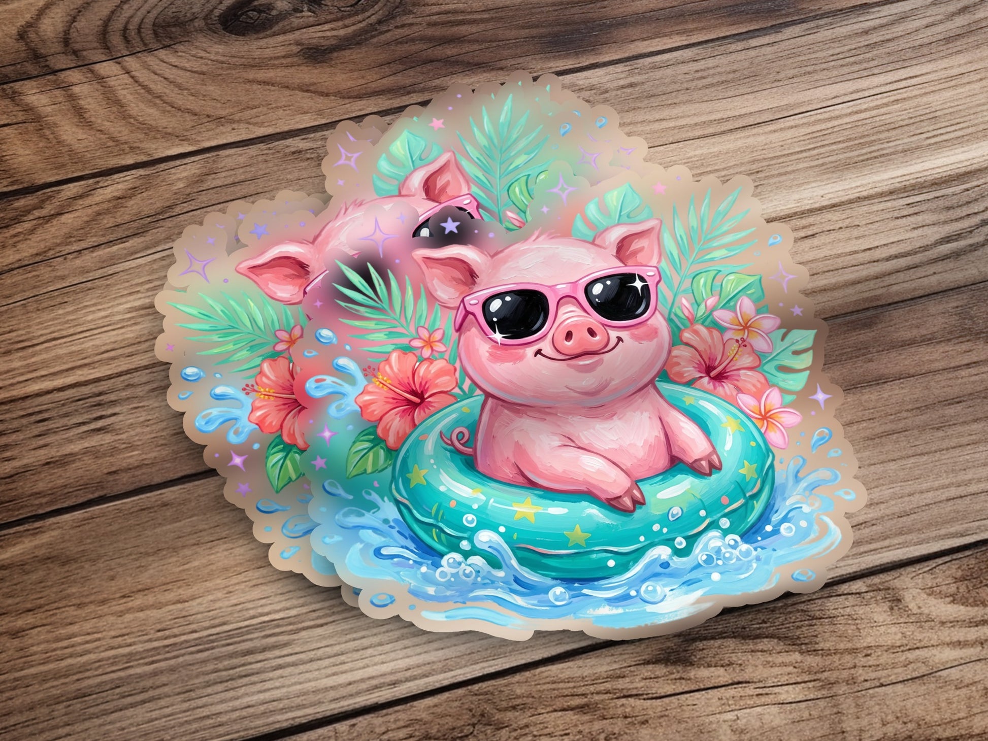 Two cartoon pigs wearing sunglasses in a pool float.