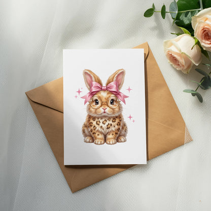 Cute bunny wearing glasses and a pink bow on a card.