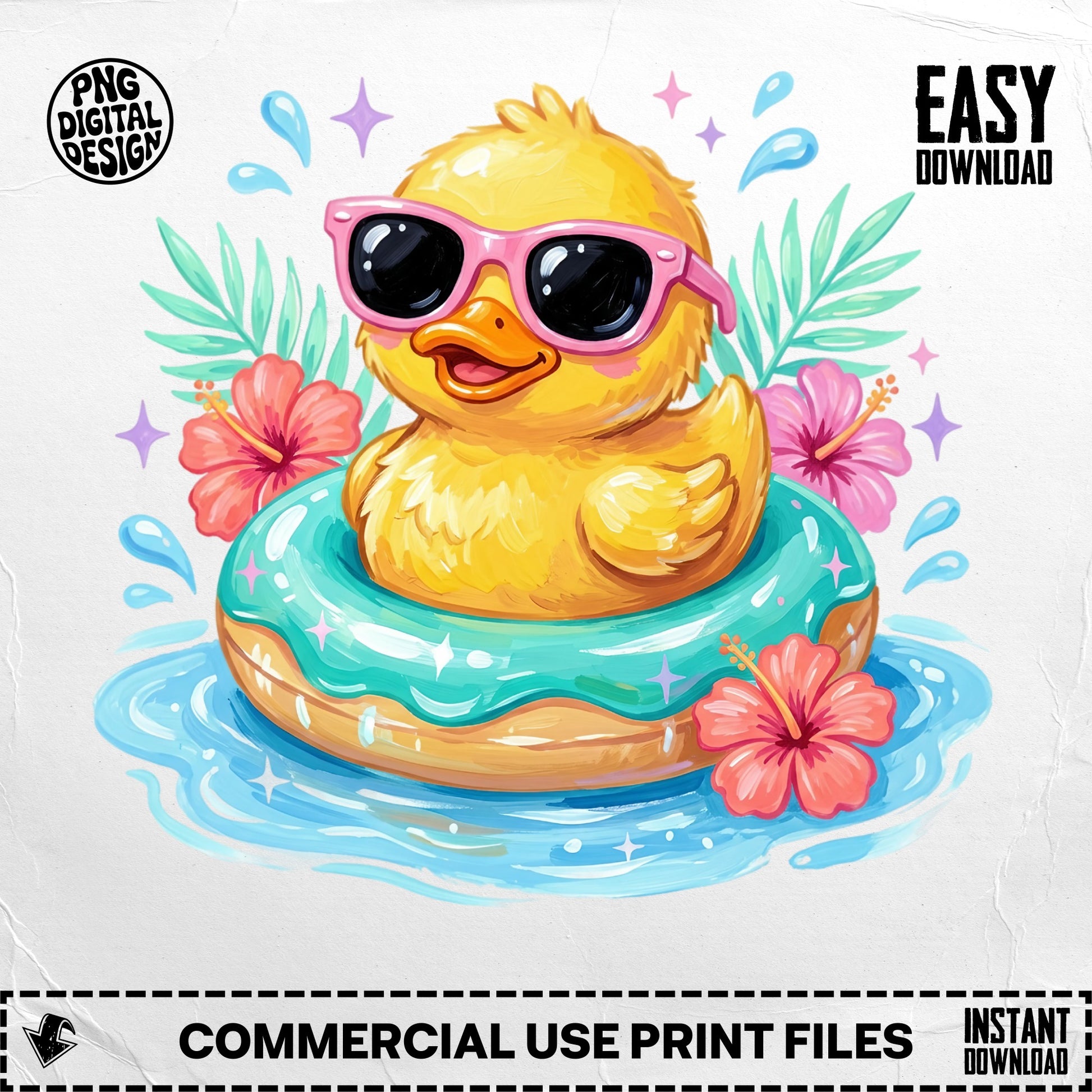 Cute cartoon duck wearing sunglasses floats on a teal inflatable ring.