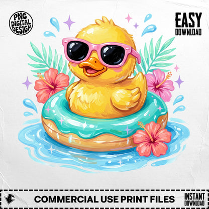 Cute cartoon duck wearing sunglasses floats on a teal inflatable ring.