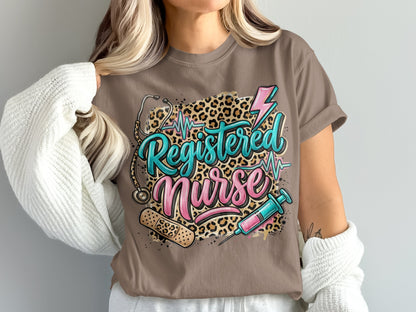 Registered Nurse text with stethoscope, syringe, band-aid, and lightning bolt design.