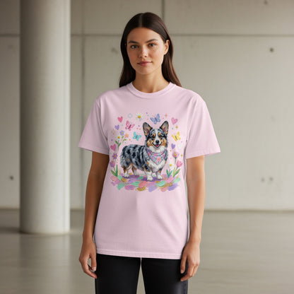 Pink t-shirt featuring a fluffy corgi wearing a bandana with butterflies and flowers.