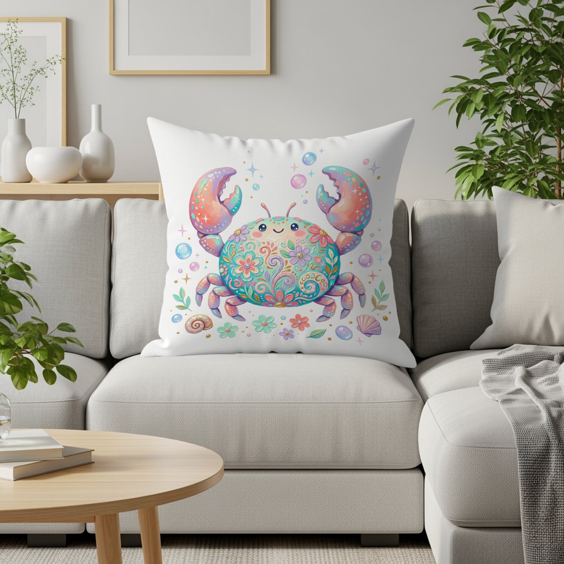 Decorative throw pillow with a colorful, patterned crab design on a sofa.
