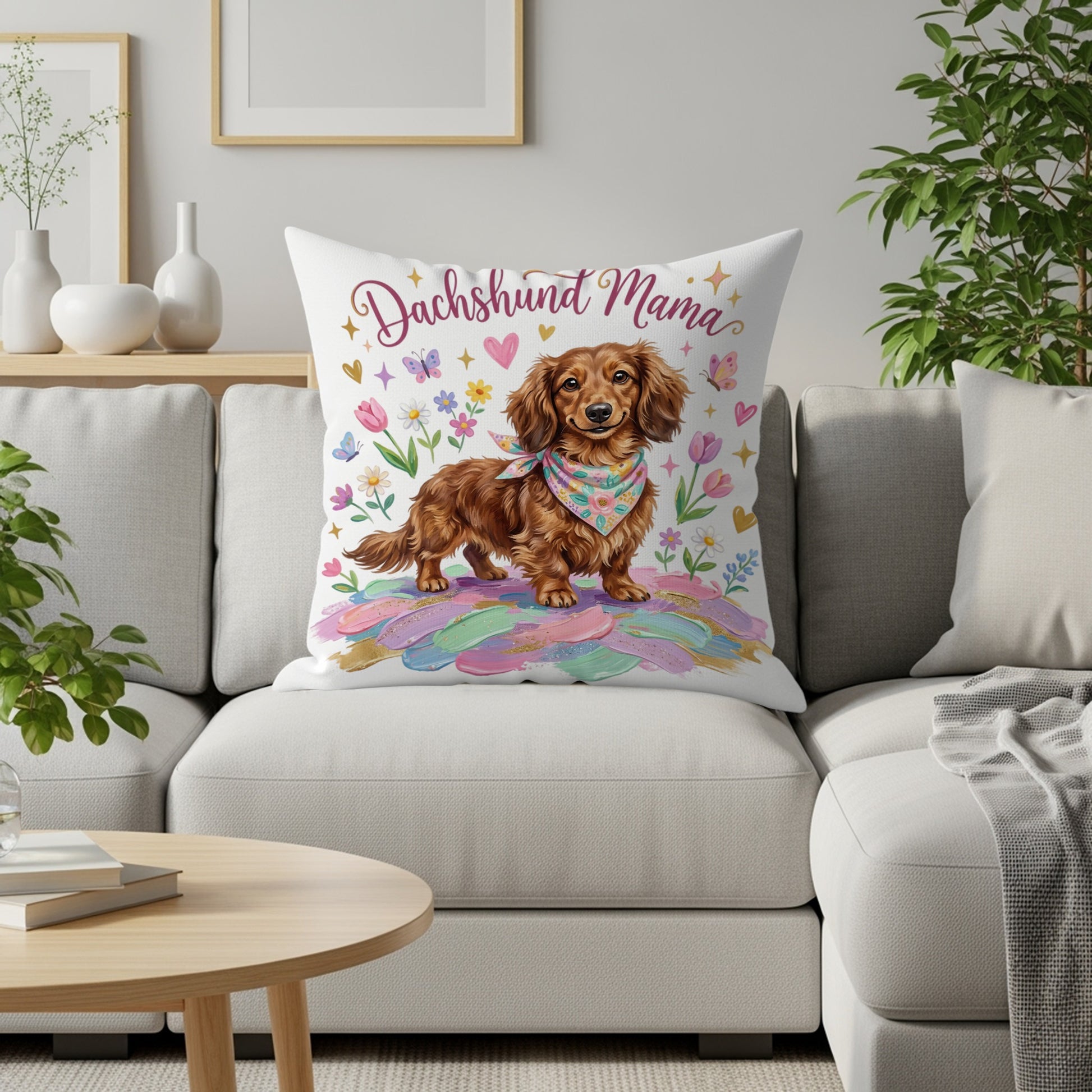 Dachshund mom pillow with cute dachshund on pastel feathers.