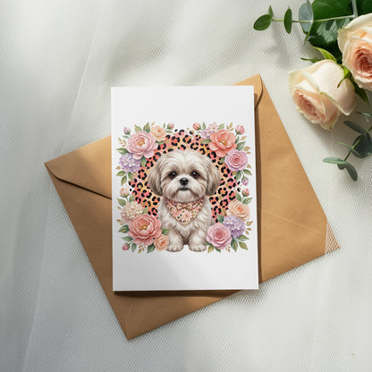 Shih Tzu puppy in floral heart with leopard print bandana.