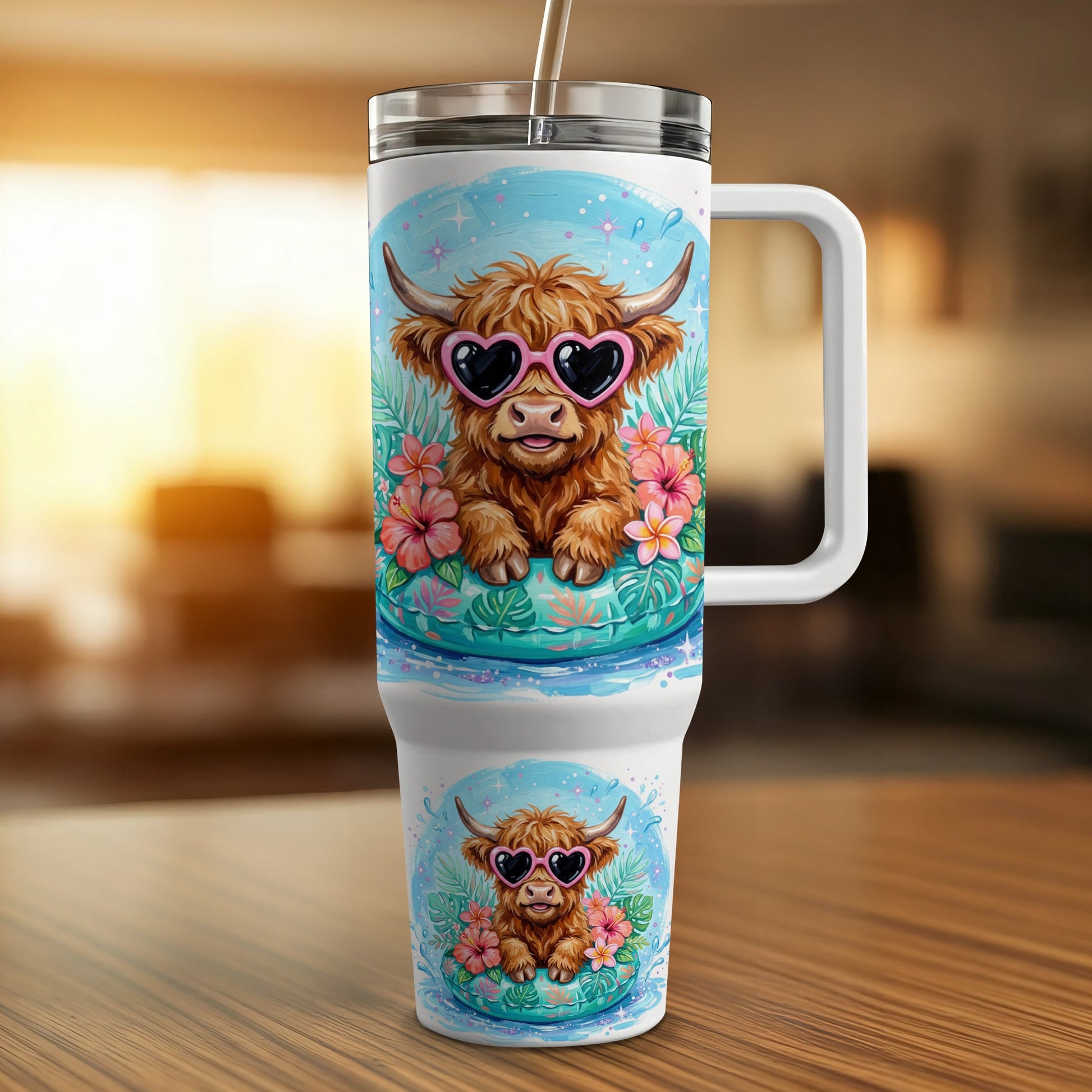 Highland cow wearing heart sunglasses on a float, on a tumbler.