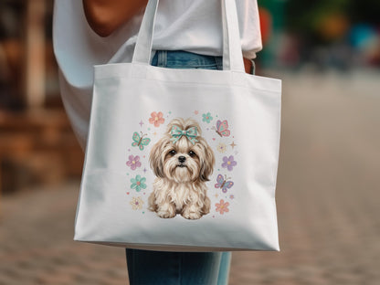 White tote bag with Shih Tzu dog and pastel butterflies design.