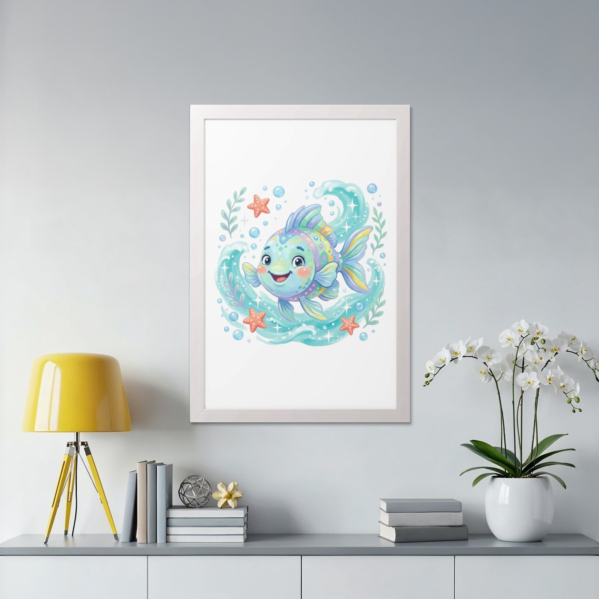 Cartoon fish with bubbles and starfish in a framed wall art.