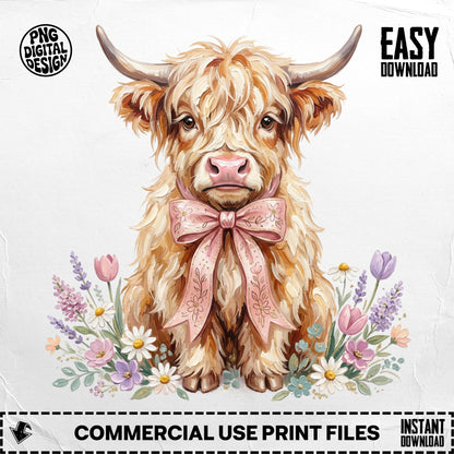 Highland cow with pink bow surrounded by flowers and grass.